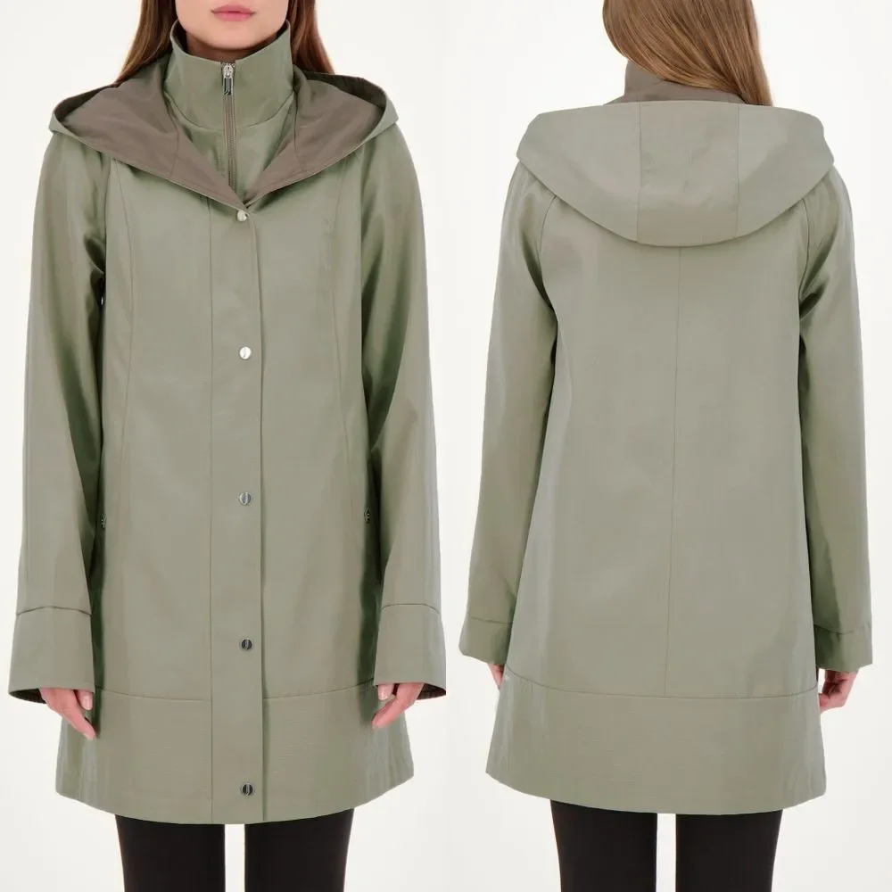 New! JONES NEW YORK Women's Two-Tone Hooded Rain Coat Jacket Water Resistant